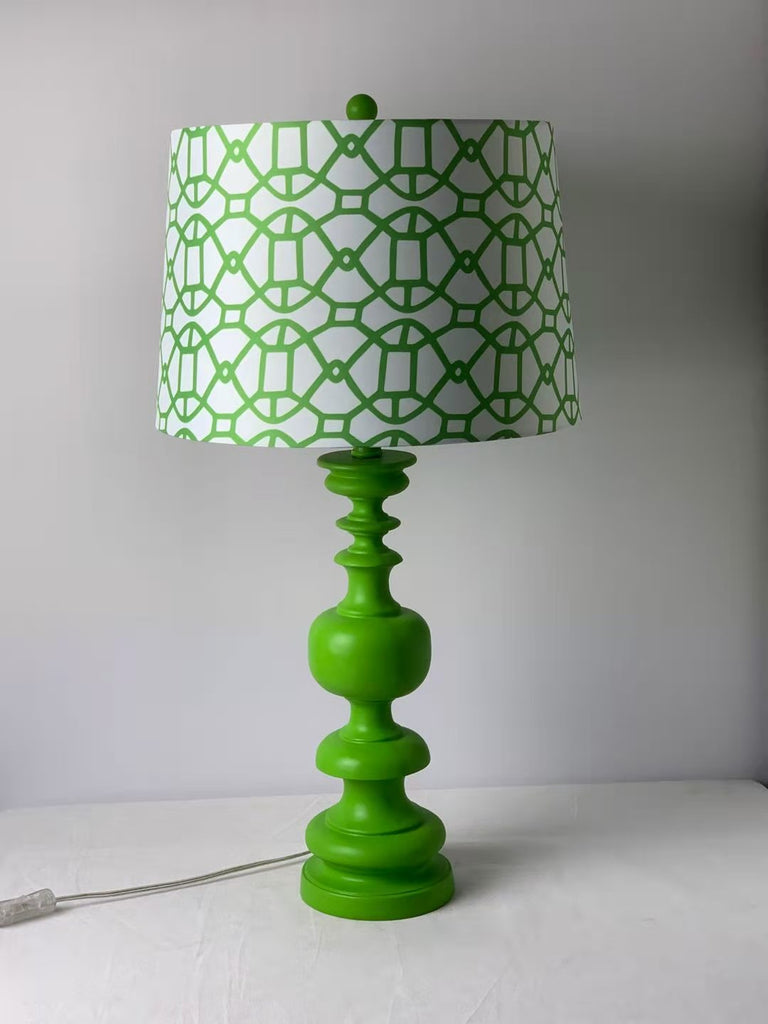 Matte Green Column Table Lamp with Patterned Shade