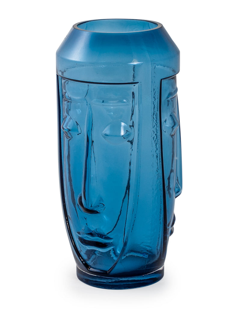 Tall Blue Glass Deco Face Vase