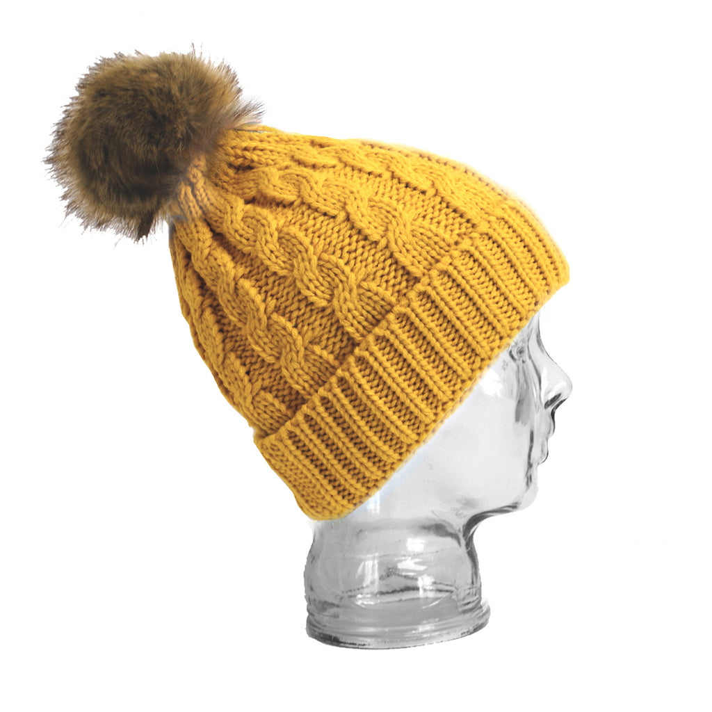 Cable knit faux fur pom pom hat mustard