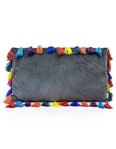 Stone Grey Large Rectangular Velvet Tassel Cushion