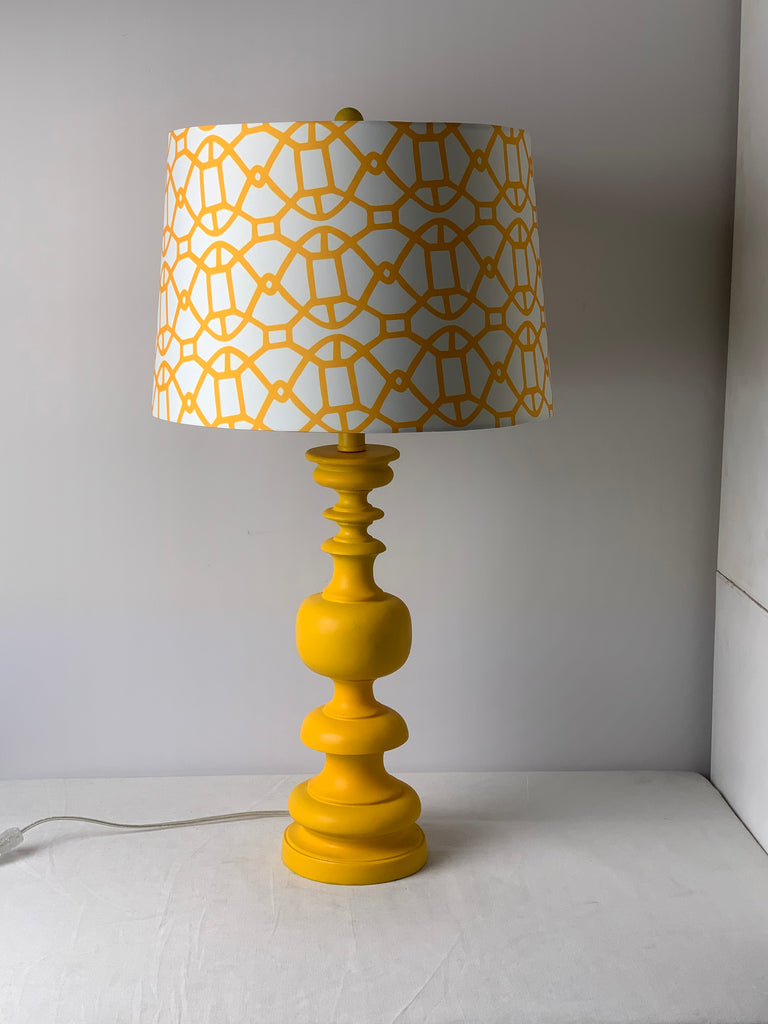 Matte Mustard Column Table Lamp with Patterned Shade