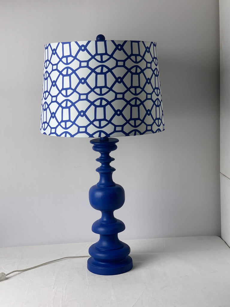 Matte Blue Column Table Lamp With Patterned Shade