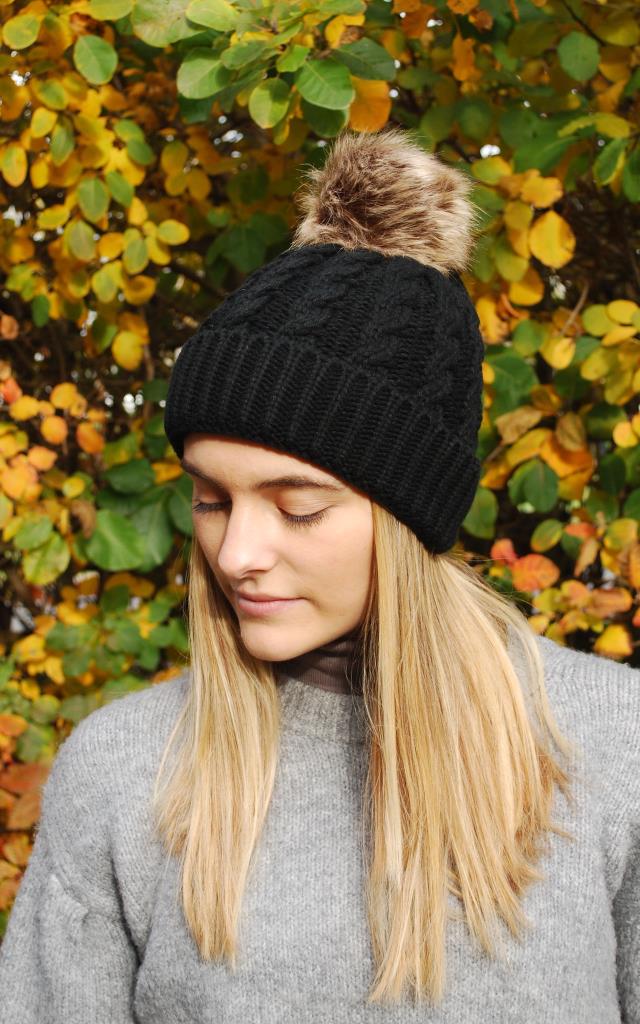 Winter Hat Black Hat With Brown Pom Pom Black Hat Brown Pom Pom