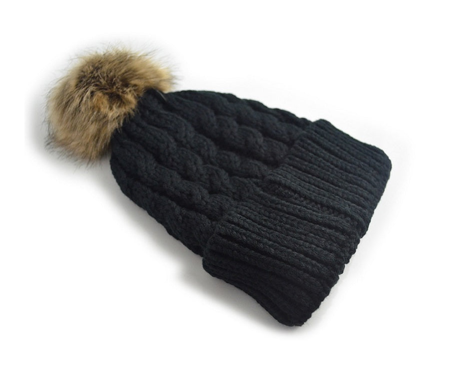 Cable knit faux fur pom pom hat black