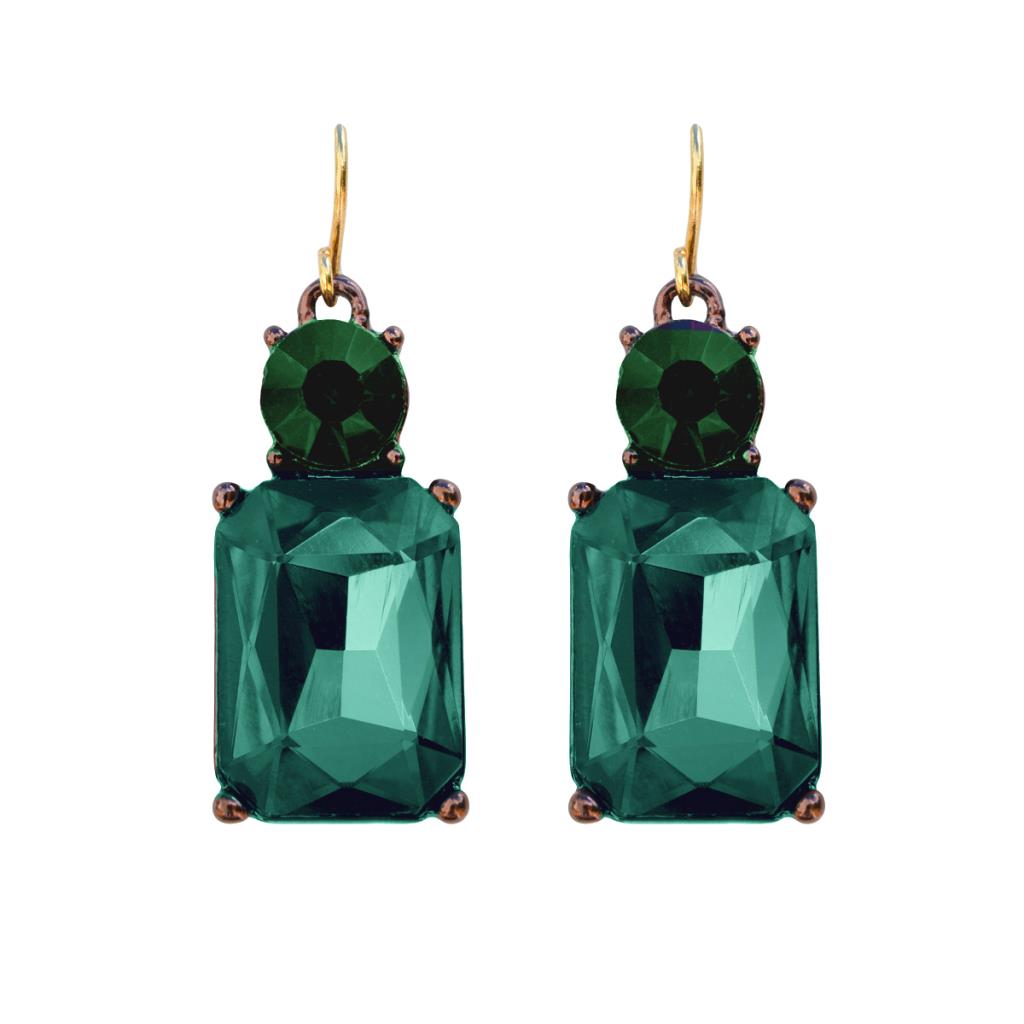 Simple Emerald Gem with Crystal Earrings in Antique Gold