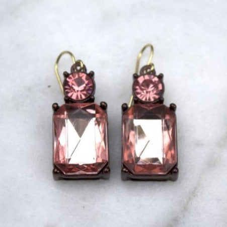 Simple Pink Gem with Crystal Earrings in Antique Gold