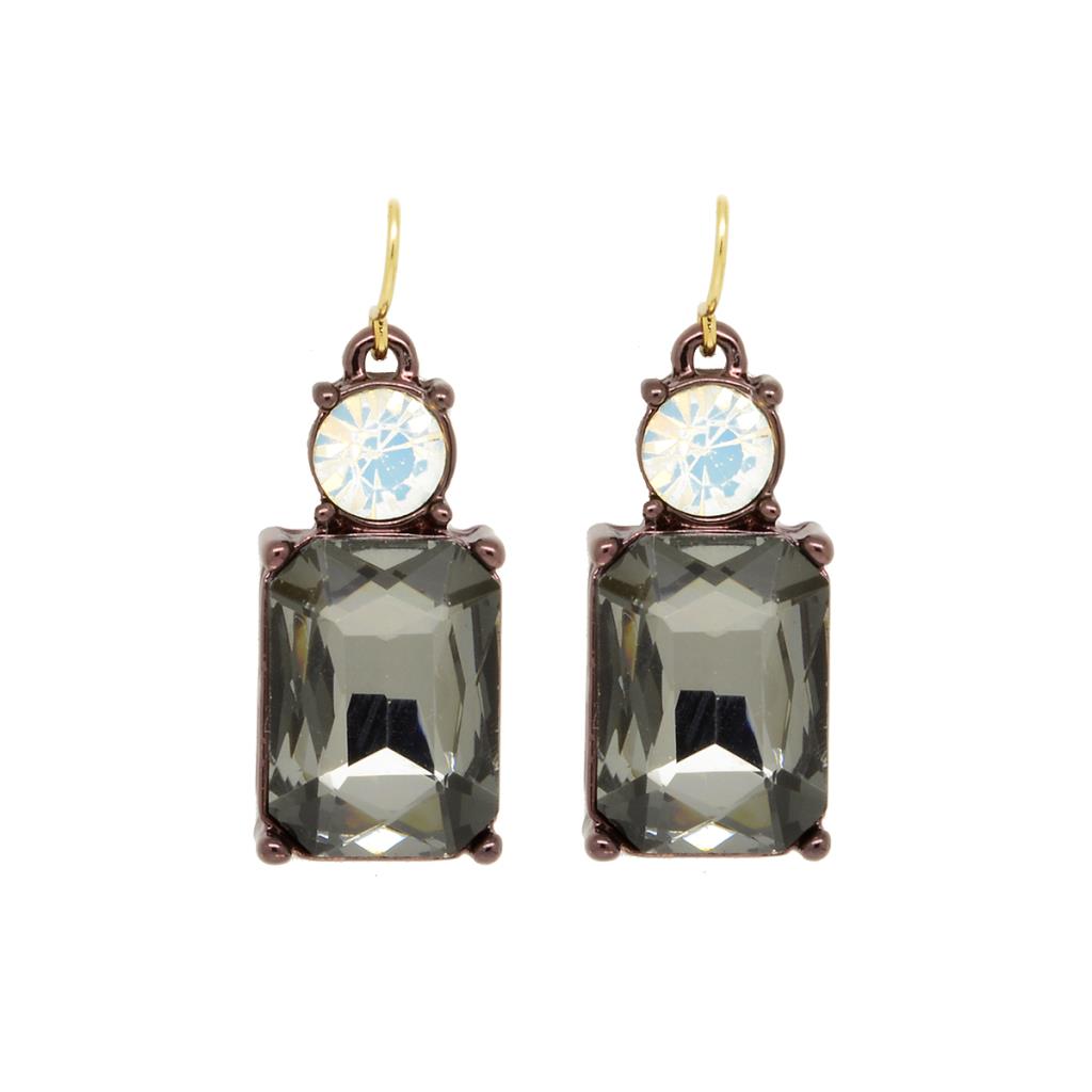 Simple Slate Grey Gem with Crystal Earrings in Antique Gold