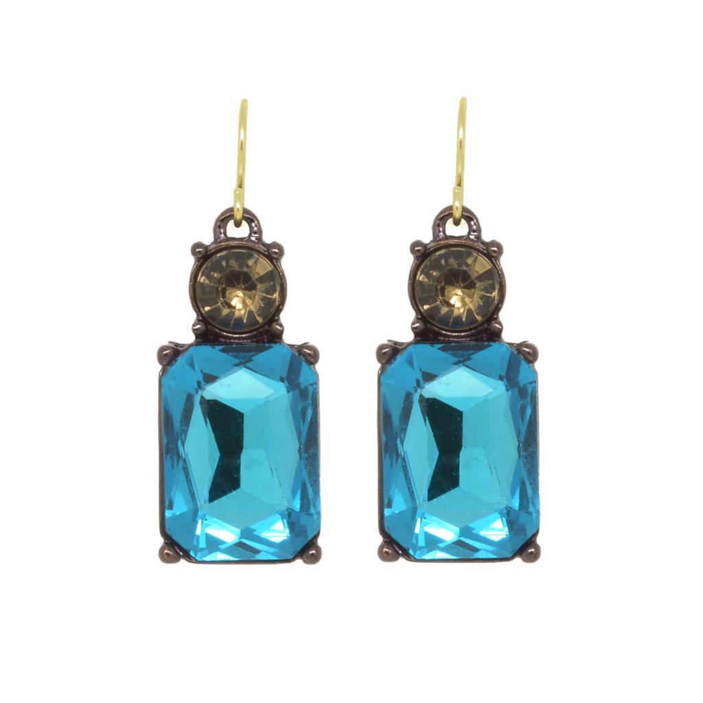 Simple Turquoise Gem with Crystal Earrings in Antique Gold