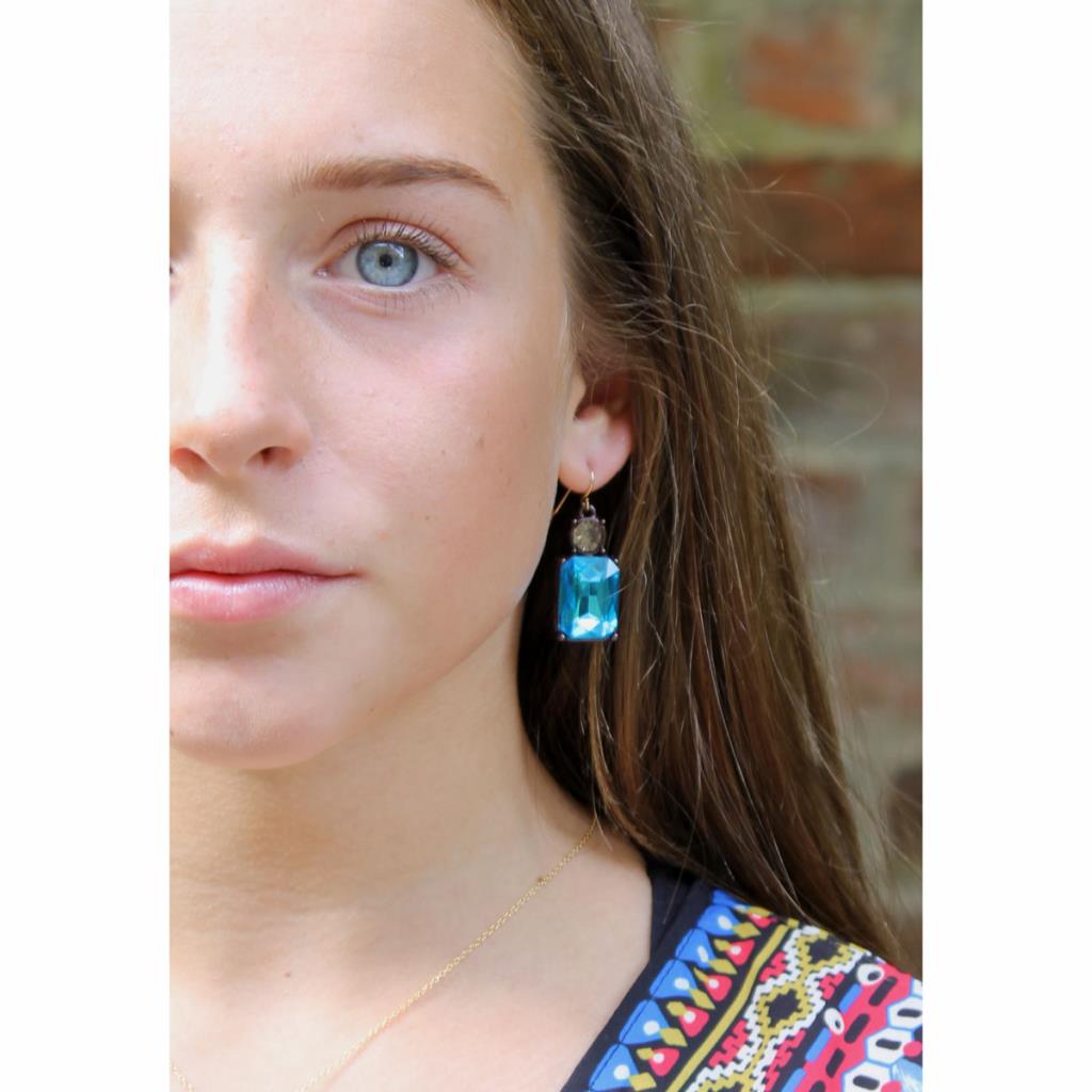 Simple Turquoise Gem with Crystal Earrings in Antique Gold