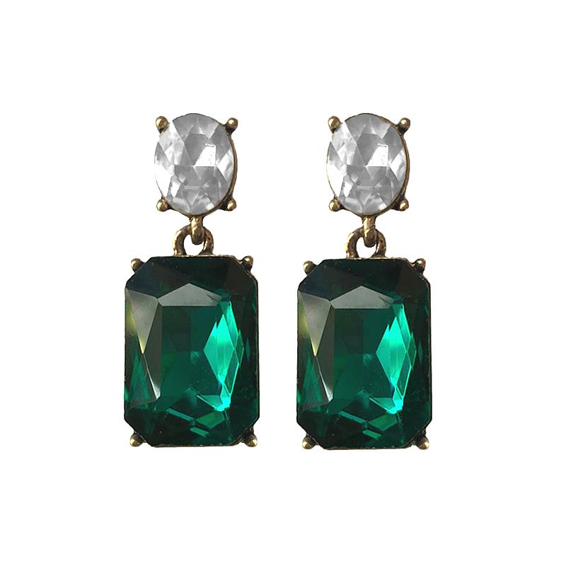 Emerald Gem with Clear Crystal Earrings in Antique Gold