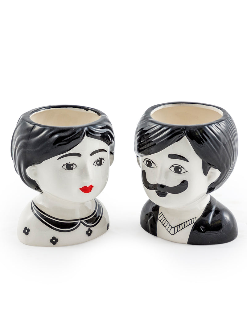 Small Man and Woman Ceramic Pots (Set of 2)