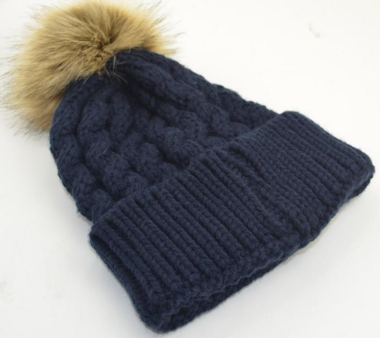 Cable knit faux fur pom pom hat navy