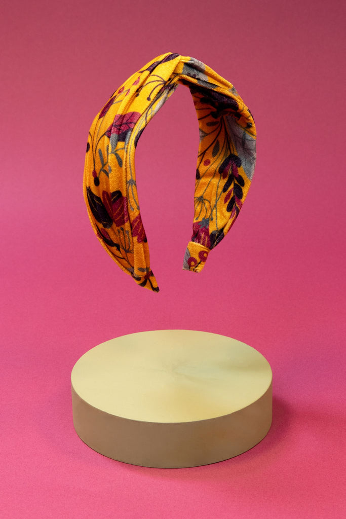 Printed Velvet Headband Floral-Mustard