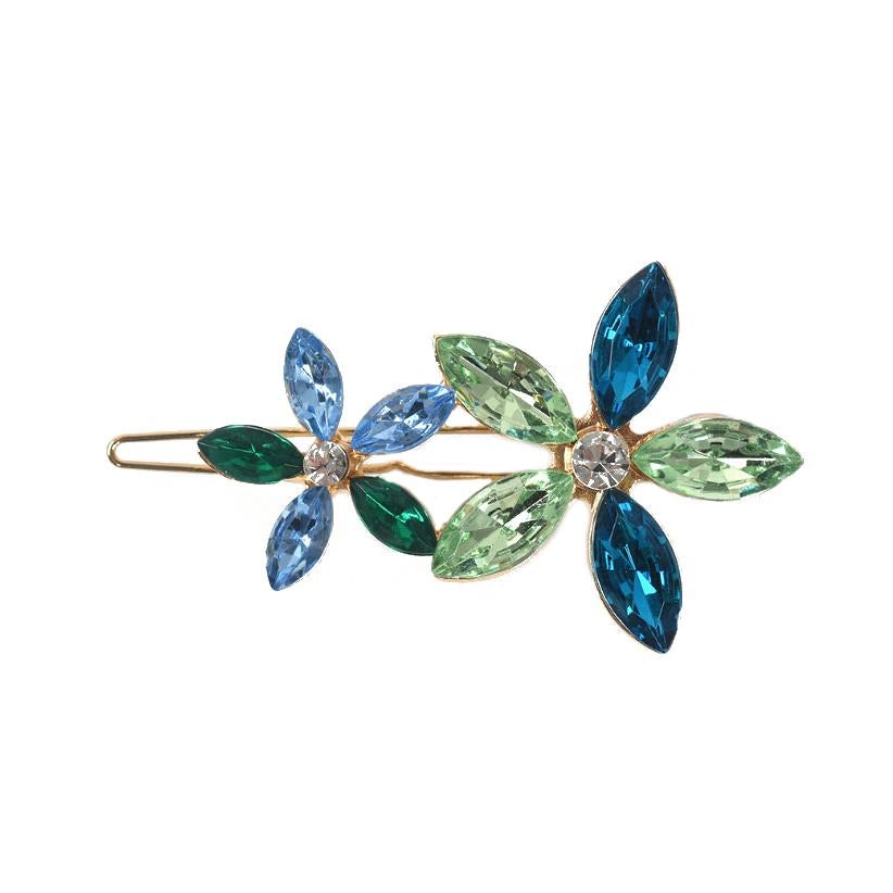 Twin flower hair slide pin green and blue