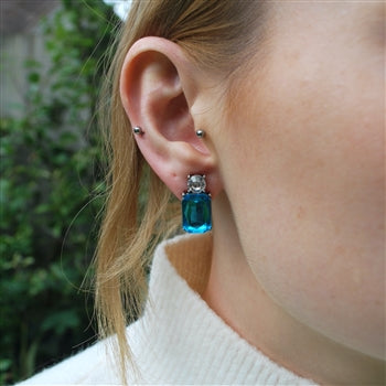 Mini Turquoise Gem with Clear Crystal Earrings in Antique Silver