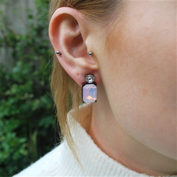 Mini Opal Pink Gem with Clear Crystal Earrings in Antique Bronze